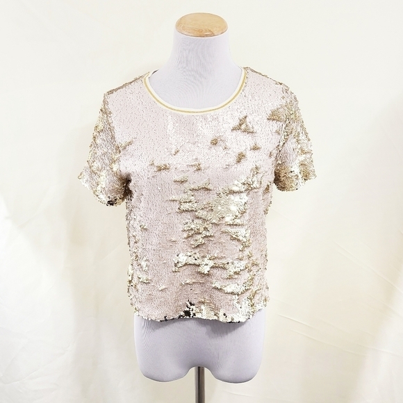 Chelsea & Violet sequin crop top gold flip ringer tee XS - Picture 1 of 6